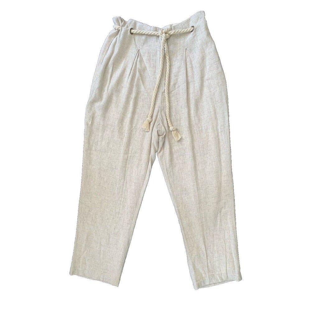 Sugar Lips Linen Rayon Pleated Pants Rope Belt Sz L Tan Natural Coastal Cottage